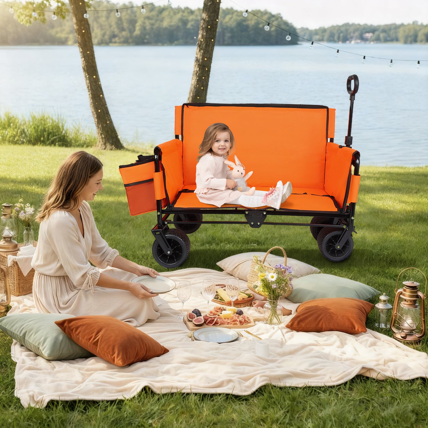 3-in-1 Folding Wagon Cart with Bench Seat, patent protection- Includes 1 ice pack, 500lbs Heavy-Duty Utility Wagon, 180L Capacity All-Terrain Wheels for Camping, Beach, Sports, Garden, orange image 5