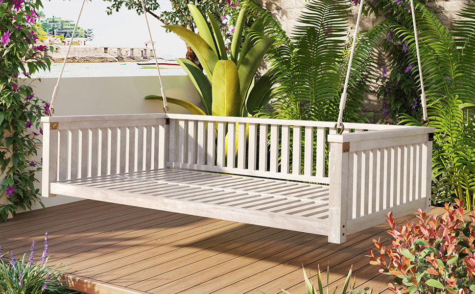 TOPMAX Patio Minimalist Twin Size Garden Swing Bed Wood Porch Swing with Ropes for Backyard, Safe Sloped Design, White image 2