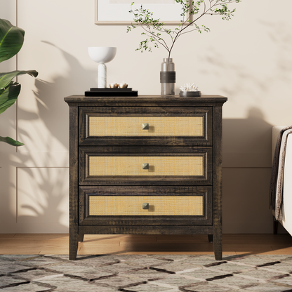 3 Drawer Dresser Rattan Dresser Wood Chest of Drawers Farmhouse Closet Dressers Modern Bedside Table Rustic Nightstand Storage Cabinet for Bedroom, Hallway, Living Room, Dark Rustic Oak image 12