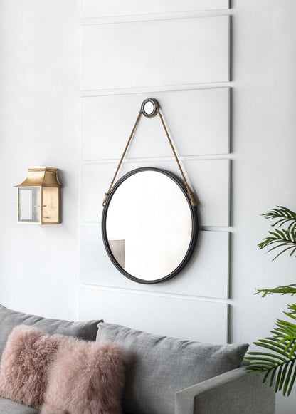 29.5 inch hanging round mirror with black frame and rope strap - bathroom decor