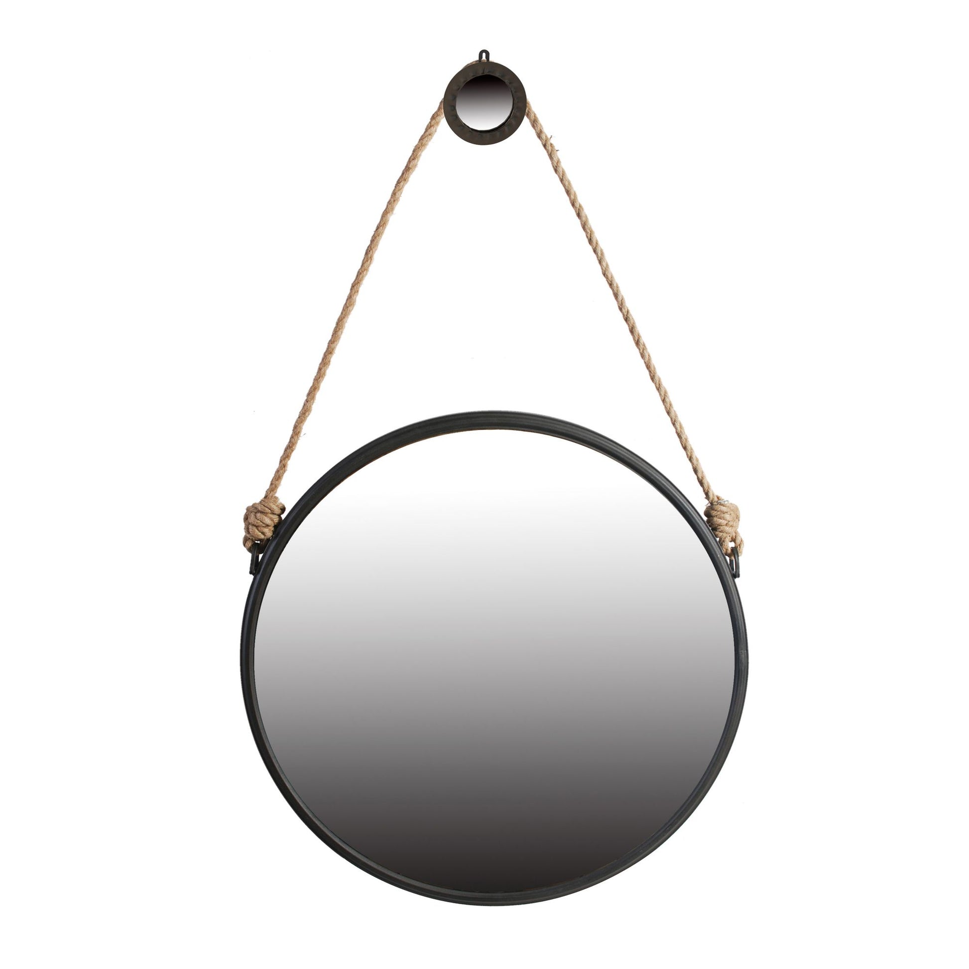 29.5 inch hanging round mirror with black frame and rope strap - close up of frame