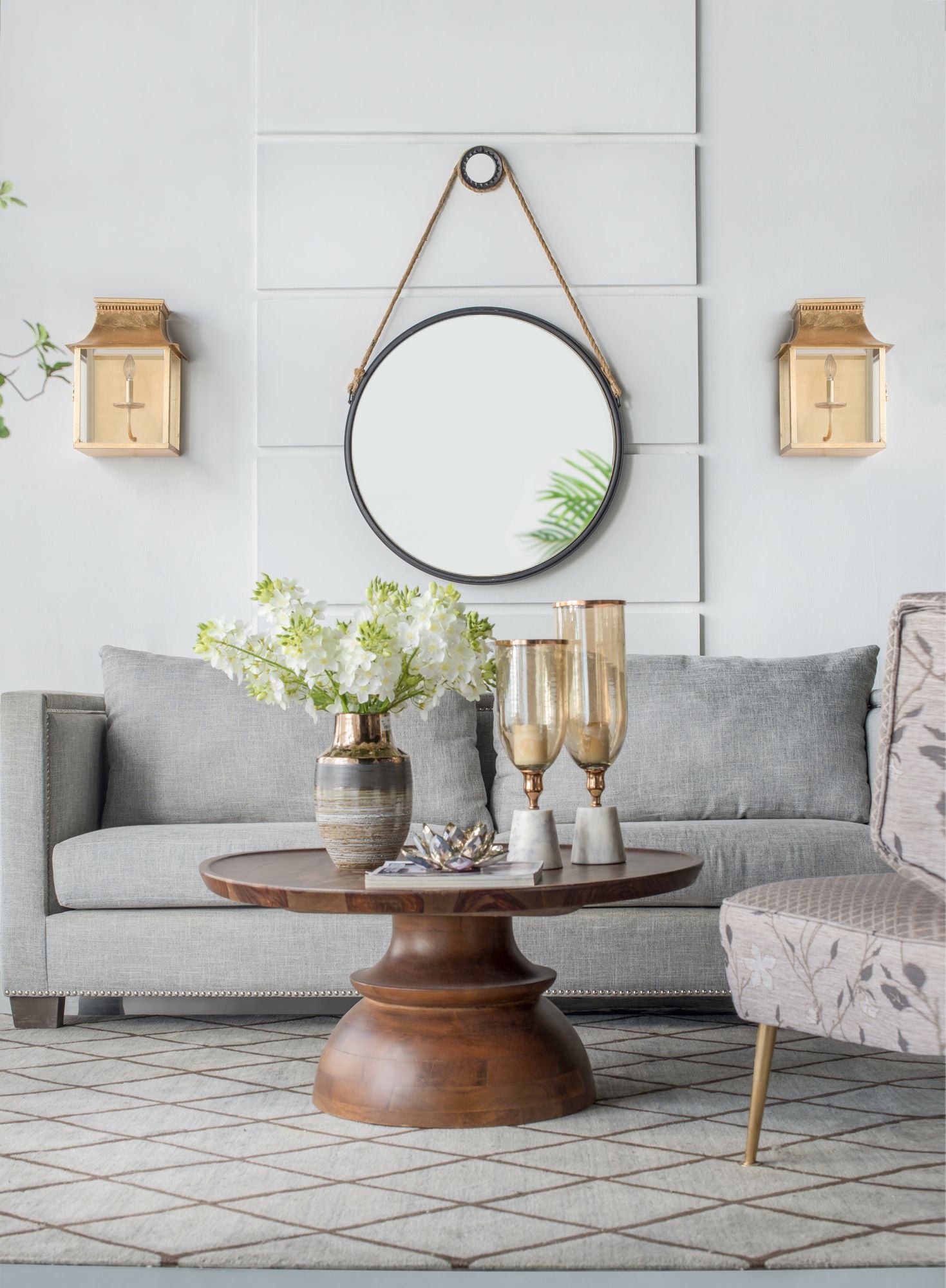 29.5 inch hanging round mirror with black frame and rope strap - detail of rope hanger