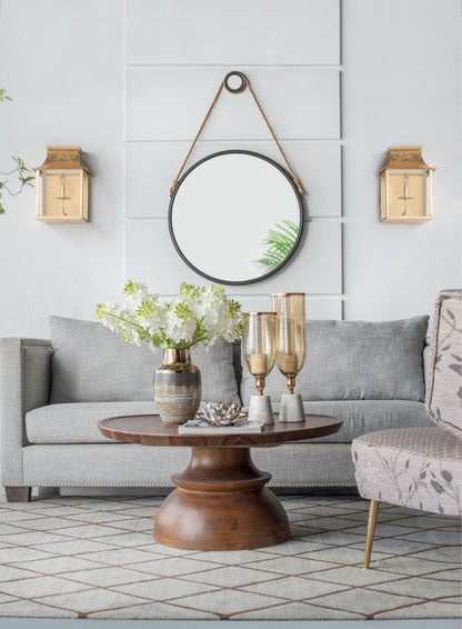 29.5 inch hanging round mirror with black frame and rope strap - detail of rope hanger