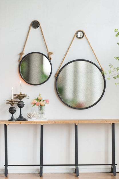 29.5 inch hanging round mirror with black frame and rope strap - front view