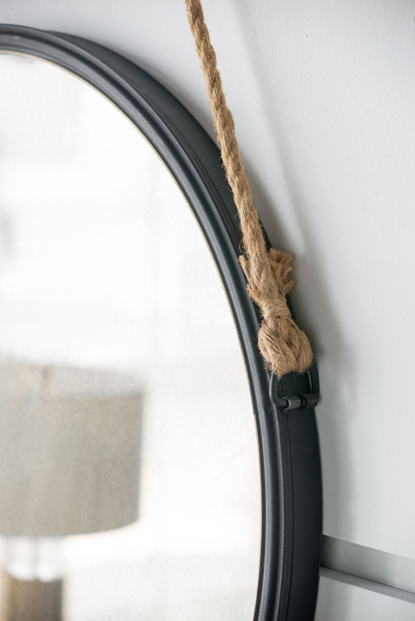 29.5 inch hanging round mirror with black frame and rope strap - bedroom decor