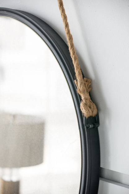 29.5 inch hanging round mirror with black frame and rope strap - bedroom decor
