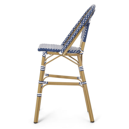 29.5" Outdoor PE Rattan French Barstool, Dark Teal and White, Aluminum Frame with Bamboo Finish (Set of 2) image 9