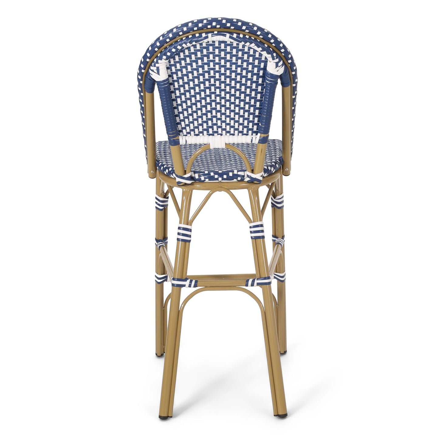 29.5" Outdoor PE Rattan French Barstool, Dark Teal and White, Aluminum Frame with Bamboo Finish (Set of 2) image 11