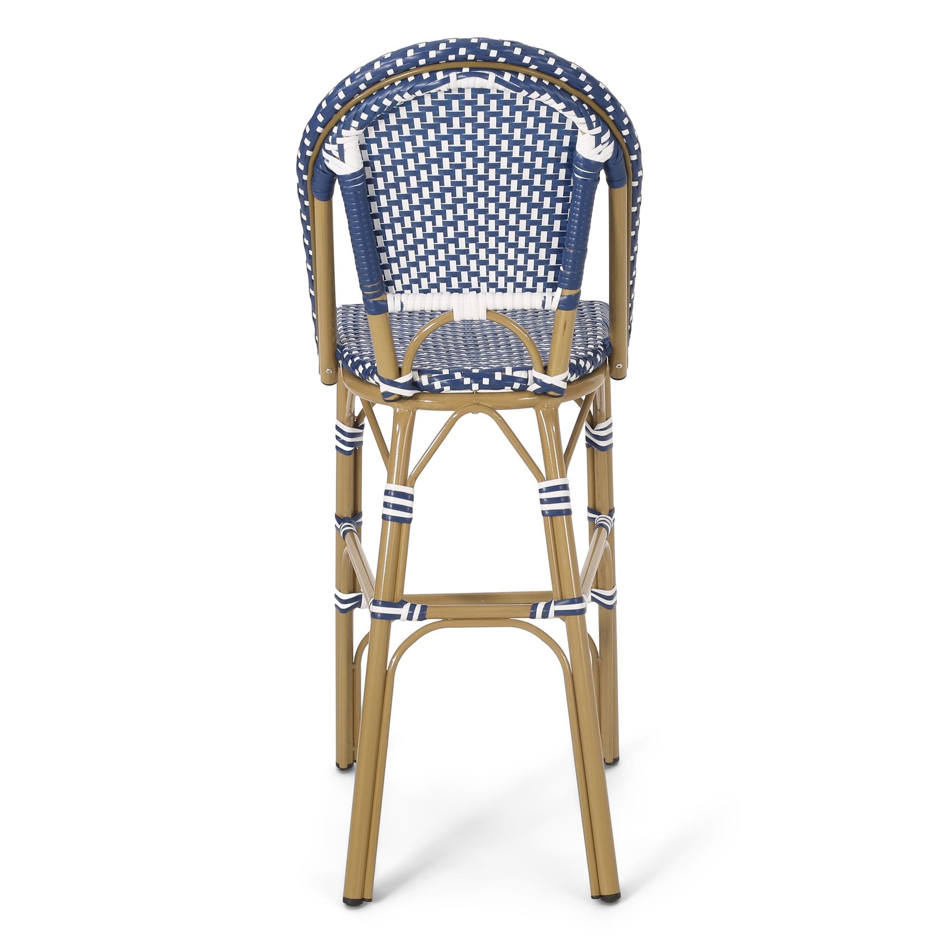 29.5" Outdoor PE Rattan French Barstool, Dark Teal and White, Aluminum Frame with Bamboo Finish (Set of 2) image 11