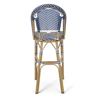 29.5" Outdoor PE Rattan French Barstool, Dark Teal and White, Aluminum Frame with Bamboo Finish (Set of 2) image 11