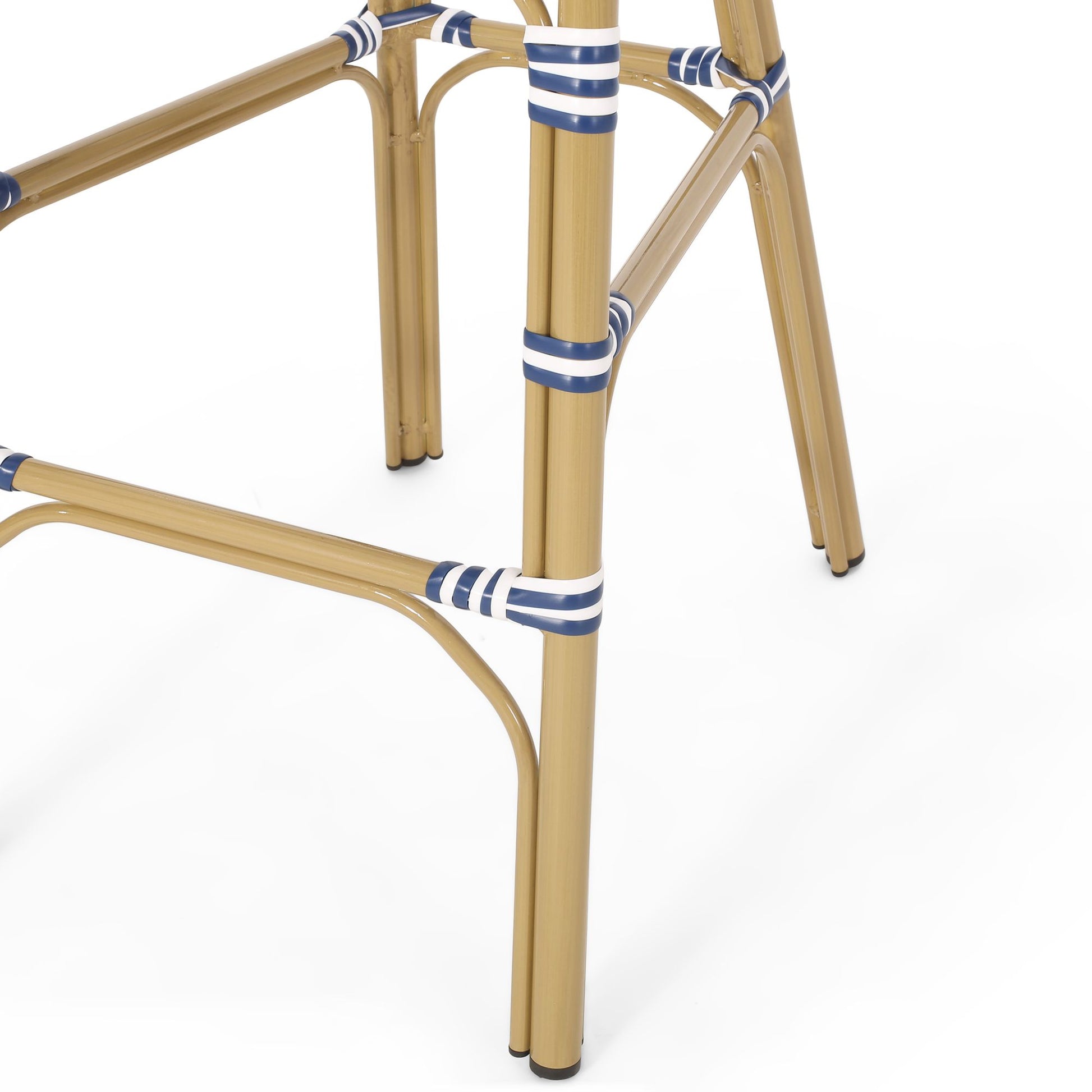 29.5" Outdoor PE Rattan French Barstool, Dark Teal and White, Aluminum Frame with Bamboo Finish (Set of 2) image 12