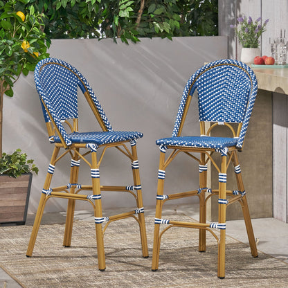 29.5" Outdoor PE Rattan French Barstool, Dark Teal and White, Aluminum Frame with Bamboo Finish (Set of 2) image 1