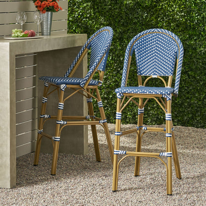 29.5" Outdoor PE Rattan French Barstool, Dark Teal and White, Aluminum Frame with Bamboo Finish (Set of 2) image 3