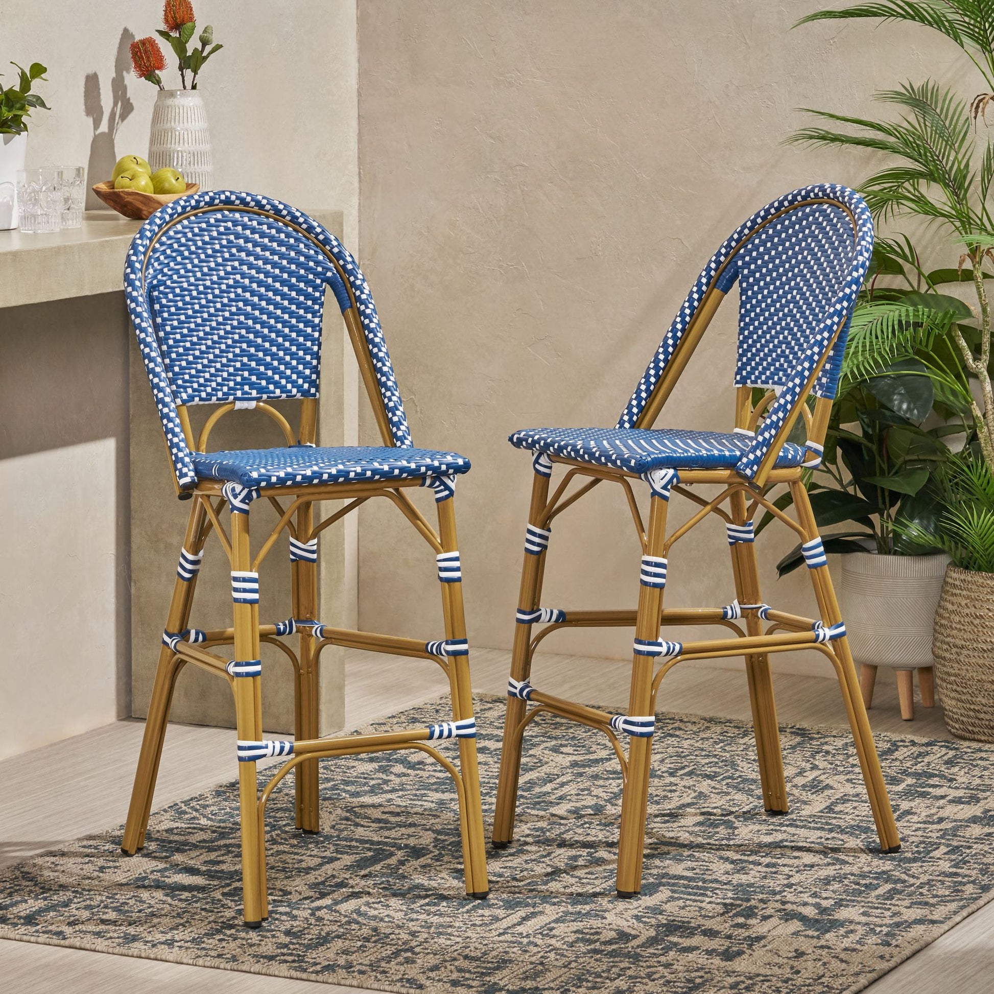 29.5" Outdoor PE Rattan French Barstool, Dark Teal and White, Aluminum Frame with Bamboo Finish (Set of 2) image 4