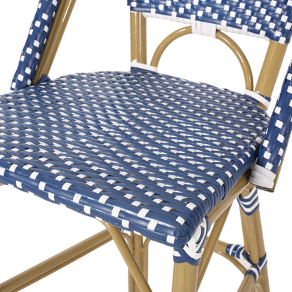 29.5" Outdoor PE Rattan French Barstool, Dark Teal and White, Aluminum Frame with Bamboo Finish (Set of 2) image 13