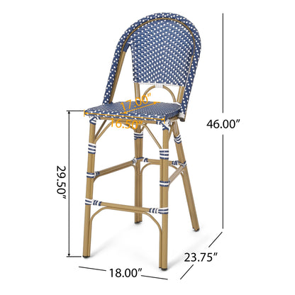 29.5" Outdoor PE Rattan French Barstool, Dark Teal and White, Aluminum Frame with Bamboo Finish (Set of 2) image 5