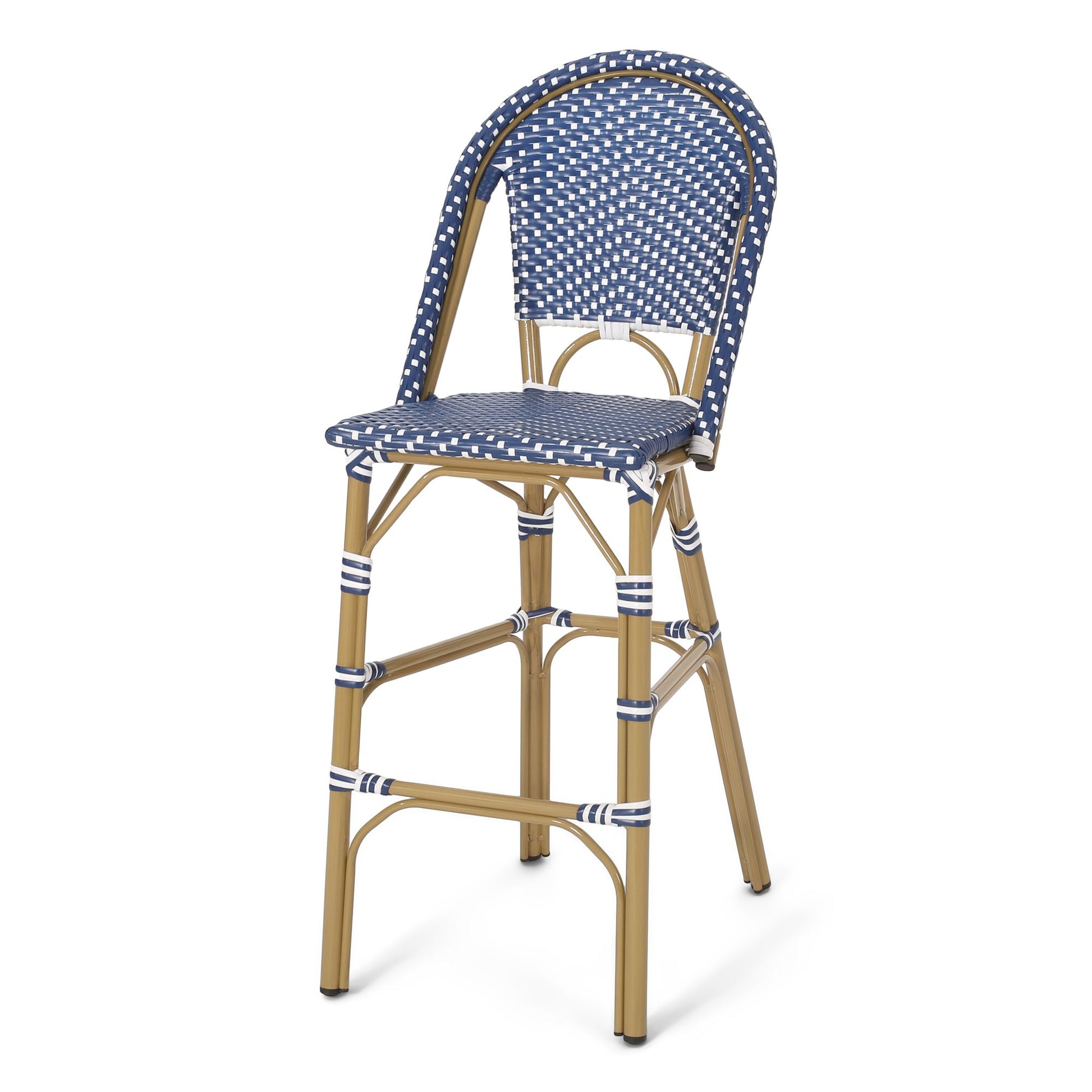 29.5" Outdoor PE Rattan French Barstool, Dark Teal and White, Aluminum Frame with Bamboo Finish (Set of 2) image 7