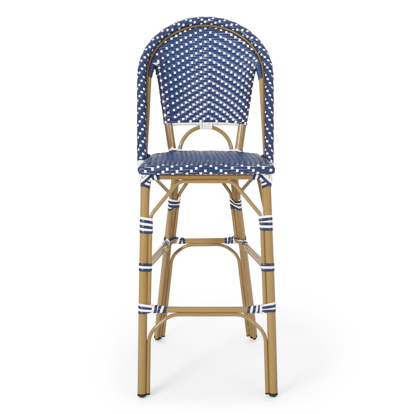 29.5" Outdoor PE Rattan French Barstool, Dark Teal and White, Aluminum Frame with Bamboo Finish (Set of 2) image 6