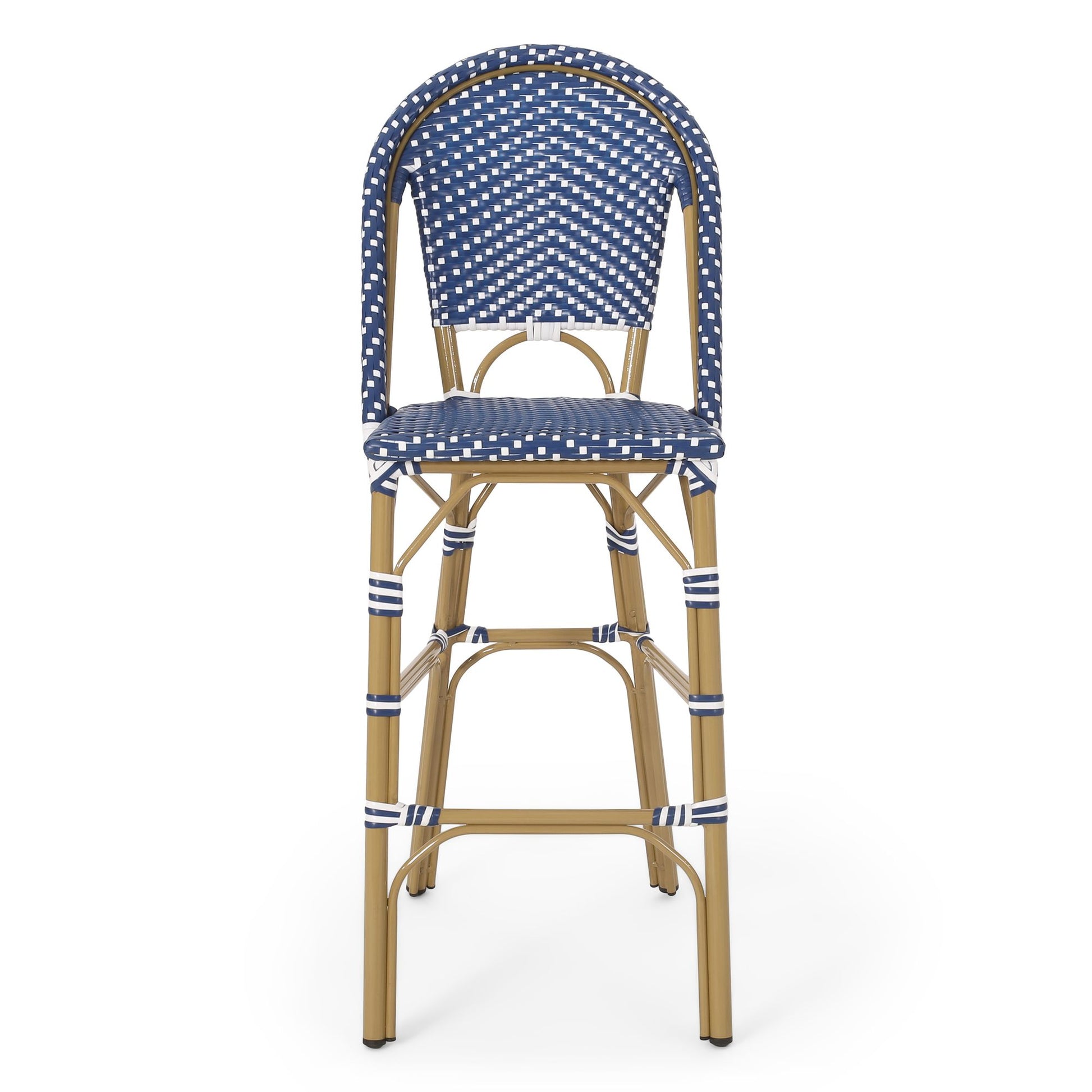 29.5" Outdoor PE Rattan French Barstool, Dark Teal and White, Aluminum Frame with Bamboo Finish (Set of 2) image 6
