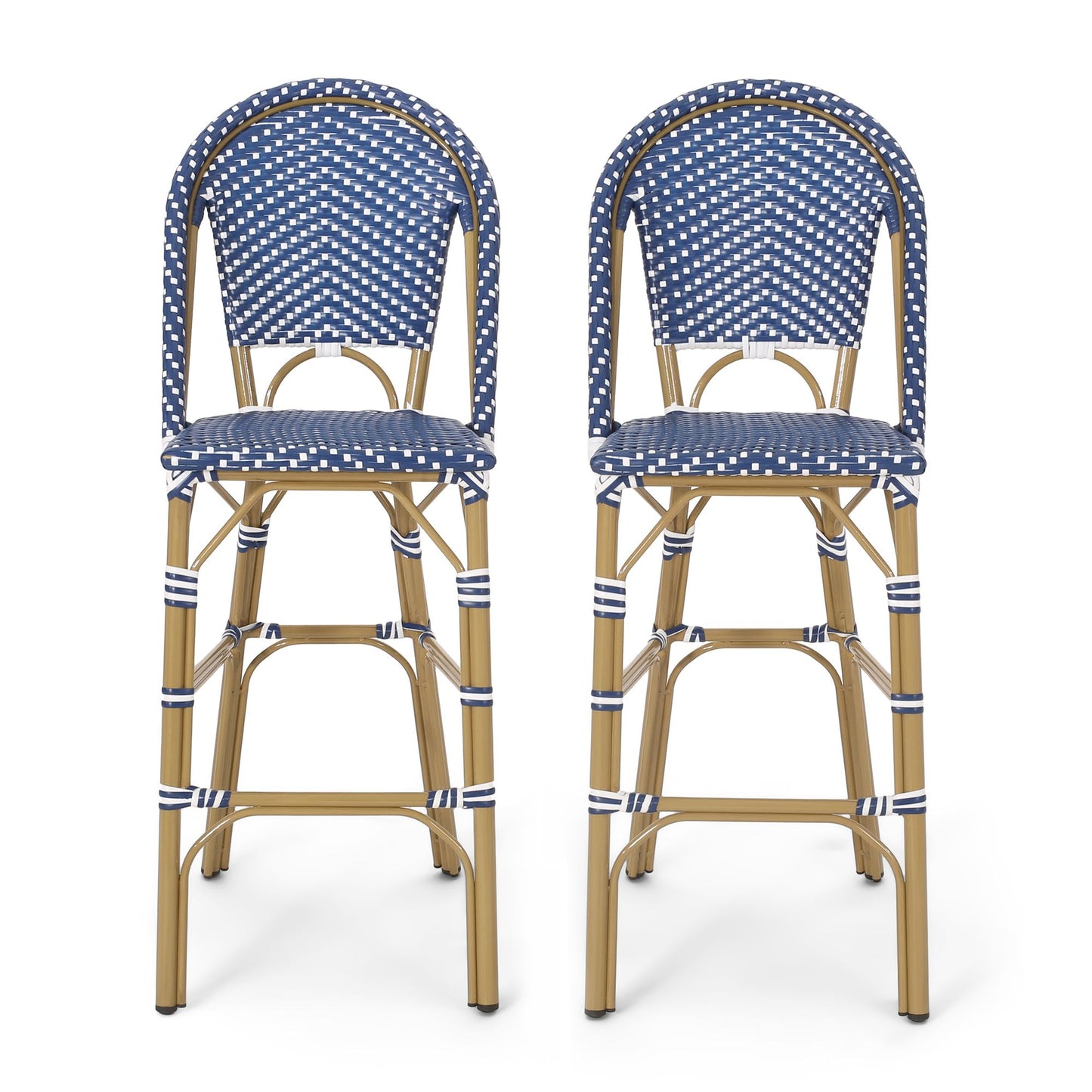 29.5" Outdoor PE Rattan French Barstool, Dark Teal and White, Aluminum Frame with Bamboo Finish (Set of 2) image 2
