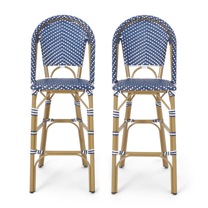 29.5" Outdoor PE Rattan French Barstool, Dark Teal and White, Aluminum Frame with Bamboo Finish (Set of 2) image 2
