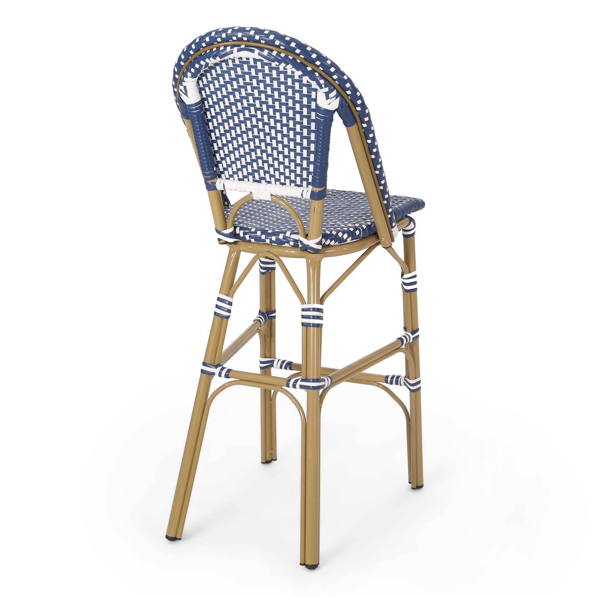 29.5" Outdoor PE Rattan French Barstool, Dark Teal and White, Aluminum Frame with Bamboo Finish (Set of 2) image 8