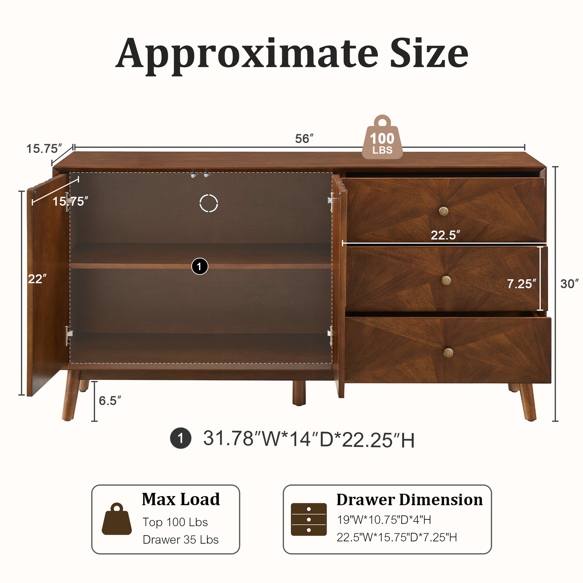 56" Mid Century Modern TV Stand with Storage, Entertainment Center with 3 Drawers and 2 Doors, Wooden Sideboard Buffet Cabinet for Living Room, Dining Room & Entryway, Walnut Brown image 10