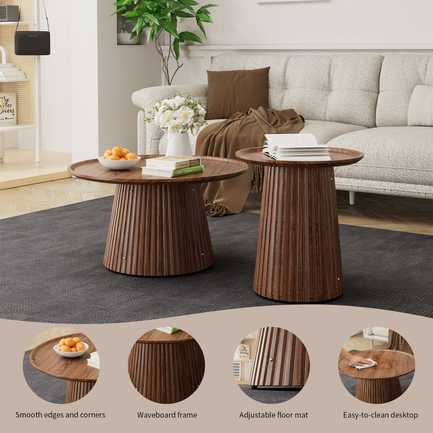 Round Coffee Table Set of 2, Large & Small Wooden Center & Side Tables, Modern Walnut Finish for Living Room & Office image 3