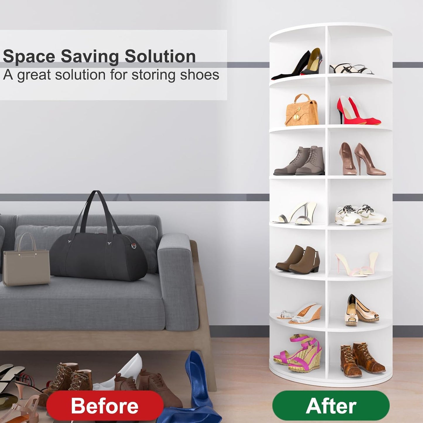 7 Tier Rotating Shoe Rack Tower, Spinning Shoe Display, 360 Shoe Rack Storage Round Carousel, Vertical Handbag Rotate Shoes Closet Organization (WHITE) image 9