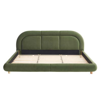 King Size,Modern Curved Upholstered Low Profile Platform Bed with Rounded Headboard(Velvet,Green) image 9
