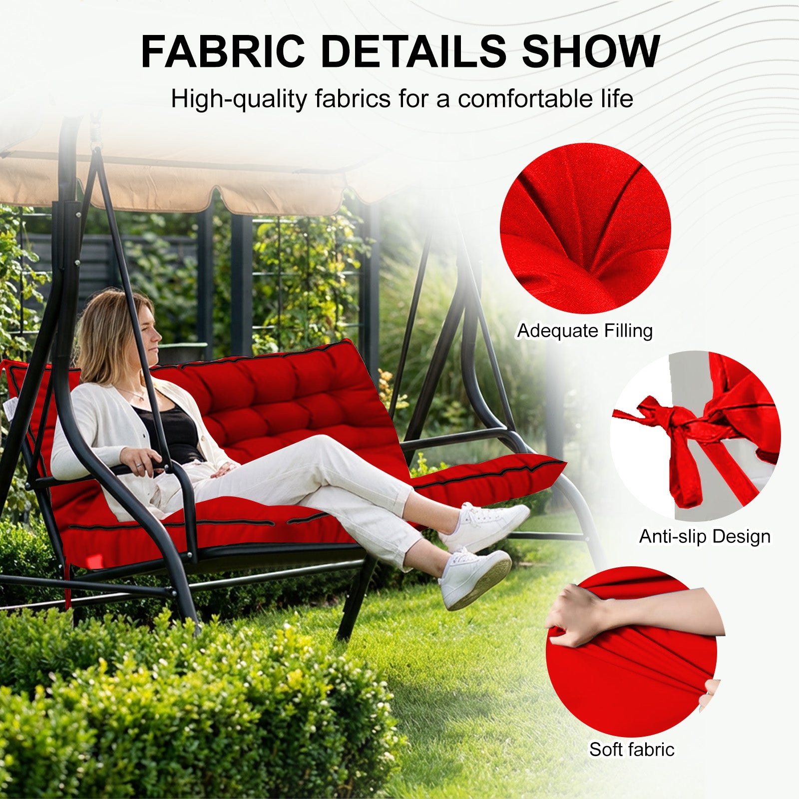 3 Seater Outdoor Porch Swing Cushion with Backrest, 4 Inch Extra Thick Waterproof Swing Replacement Cushion, 2-3 Seat Thicken Patio Bench Cushion for Garden Backyard Outdoor Furniture (red) image 2