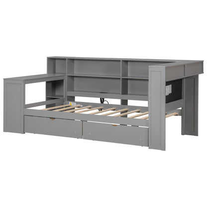 Wood Twin Size Platform Bed with Storage Shelves, Drawers, Charging Station, LED, Desk and Upholstered Headboard, Grey+ Grey Cushion image 11
