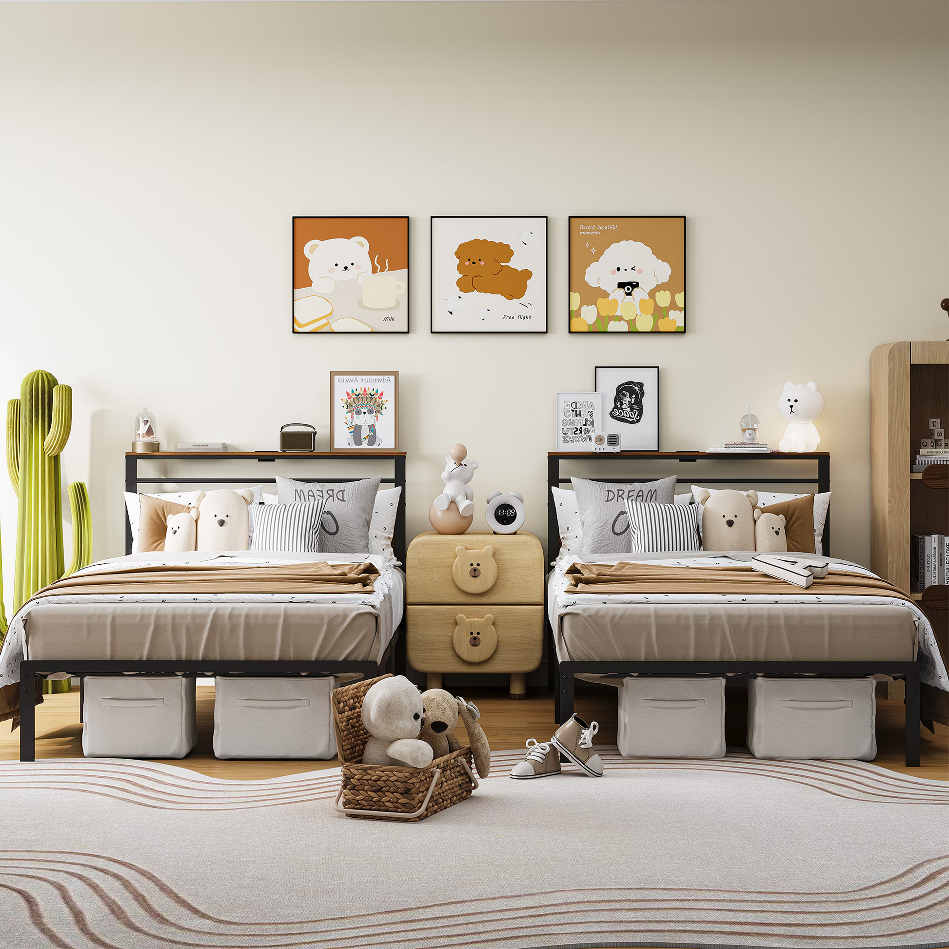 Twin Size Bed Frame with Headboard and Storage Shelf, Metal Bed, Upholstered Wooden Beds with Charging Station, Sturdy Frames for Bedroom Furniture, No Box Spring Needed, Black image 9