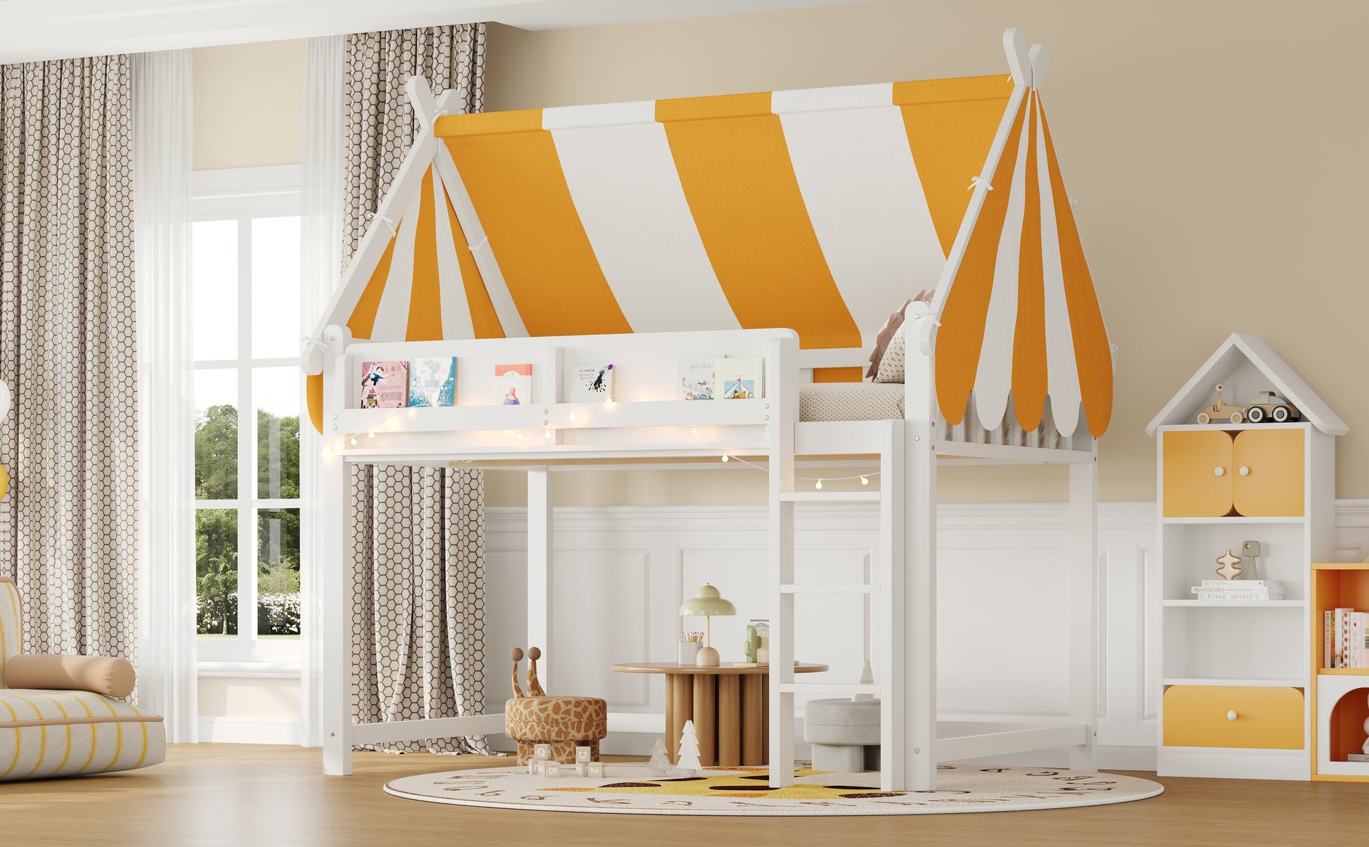 Full Size Loft Bed with Canopy, LED Lights & Book Shelf, White image 4