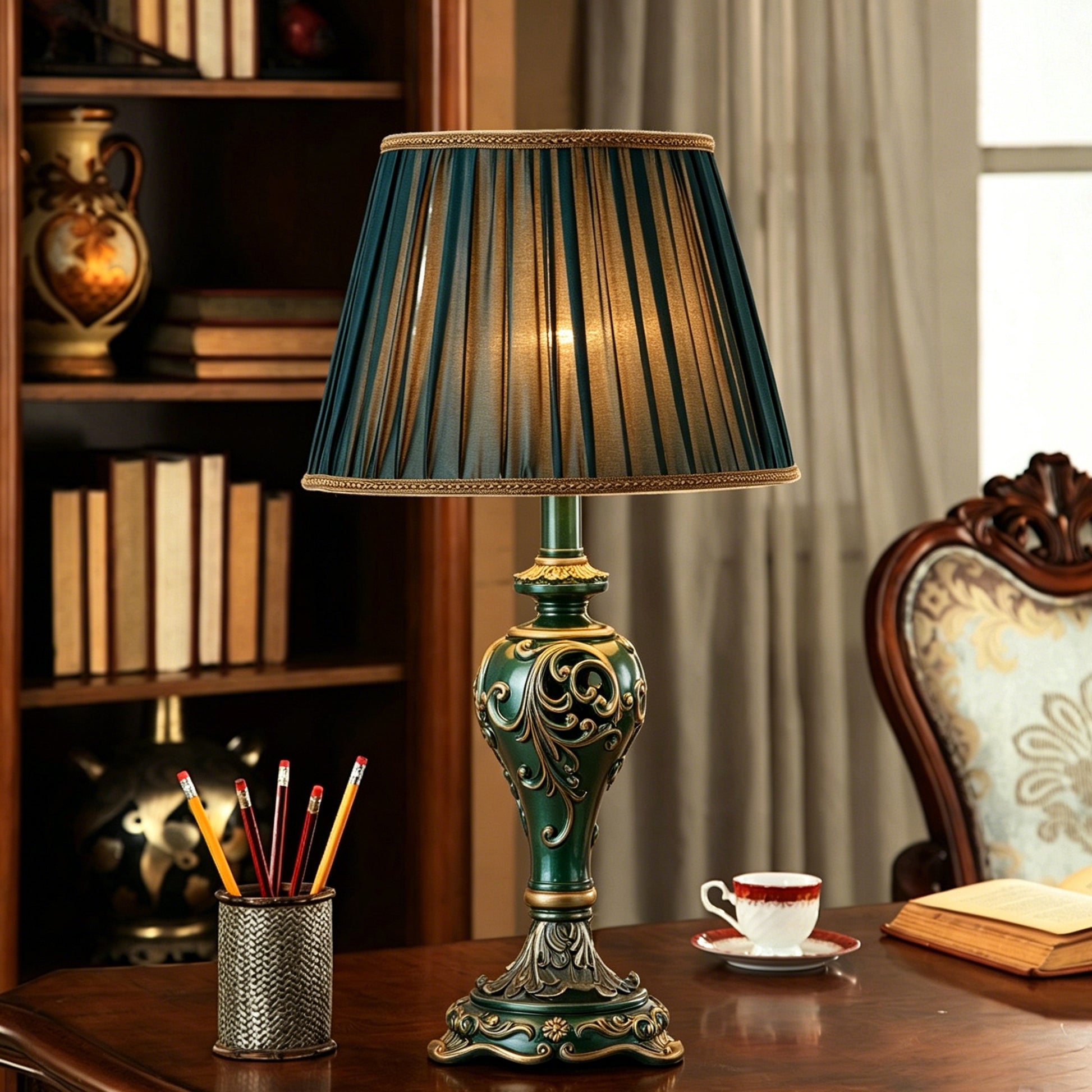 Farmhouse Table Lamps for Living Room Bedroom, Vintage Table Lamp with Nightlight (BULB INCLUDED), Dark Green Hollow Out Resin Lamp for End Table image 9
