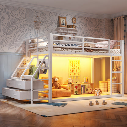 Twin over Twin bunk Bed with Storage Shelves and Drawers, Metal Bunk Bed with LED Lights for Teens, No Box Spring Need.White image 1