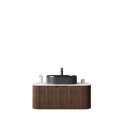 DINA 36" Bathroom Vanity with Sink, Modern Wall-Mounted Curved Edges Striped Bathroom Storage Cabinet with a Drawer, Black Ceramic Vessel Basin, NO Faucet, Pre-assembled, Dark Walnut Woodgrain Color image 3