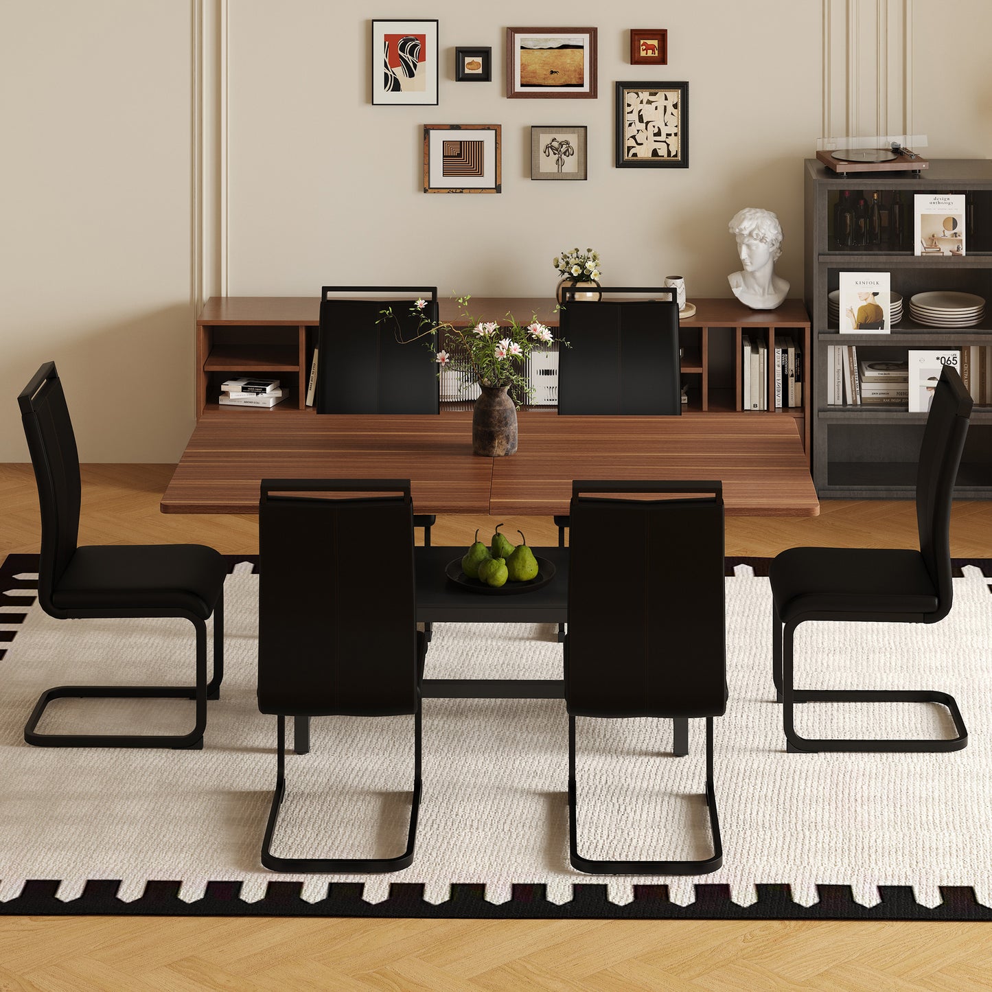 Table and chair set.71 inch long fashionable walnut grain dining table, a practical choice to add color to the home.Paired with 6 Black PU Chairs With C-tube Black Metal Chair Legs. image 2