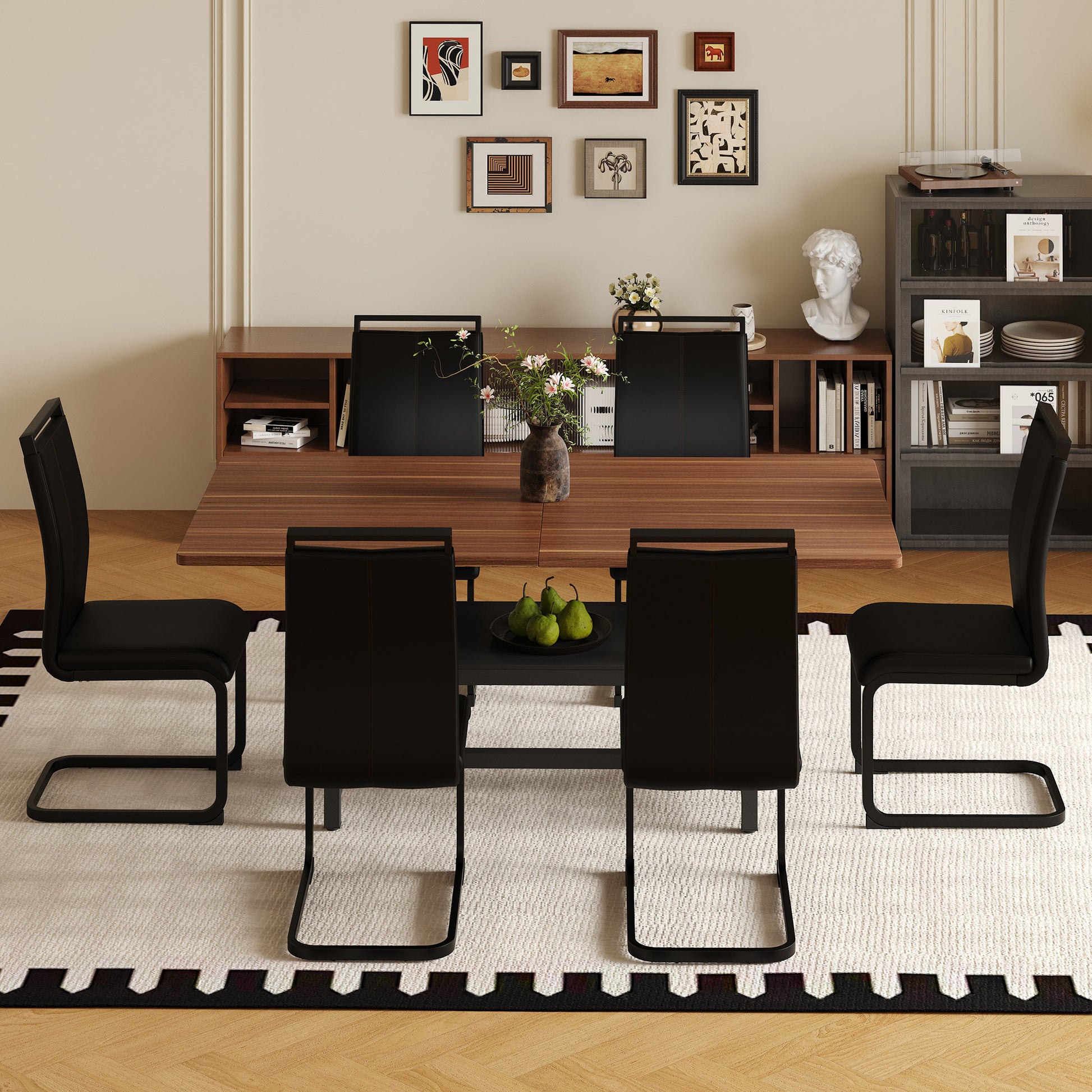 Table and chair set.71 inch long fashionable walnut grain dining table, a practical choice to add color to the home.Paired with 6 Black PU Chairs With C-tube Black Metal Chair Legs. image 2