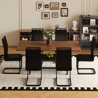 Table and chair set.71 inch long fashionable walnut grain dining table, a practical choice to add color to the home.Paired with 6 Black PU Chairs With C-tube Black Metal Chair Legs. image 2