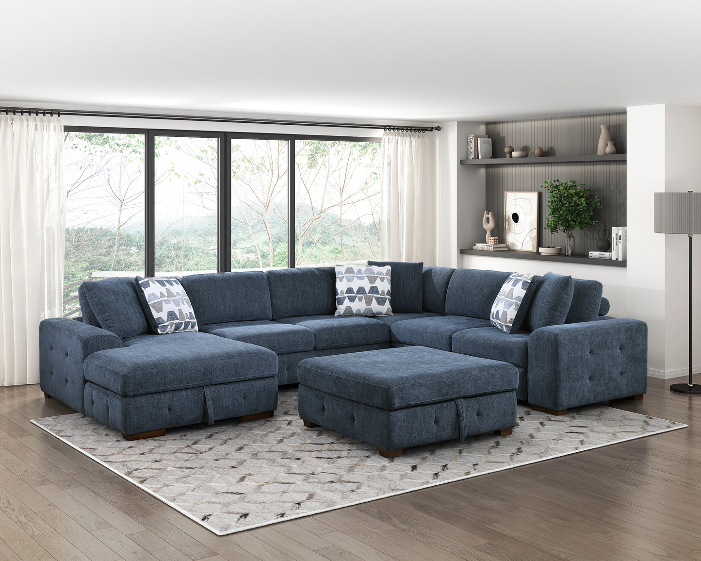 Modern Blue One Arm 2-Seater Sofa with Pull-out Bed Right Side Tufted Chenille Fabric Upholstery Solid Wood Living Room Furniture 1pc image 10