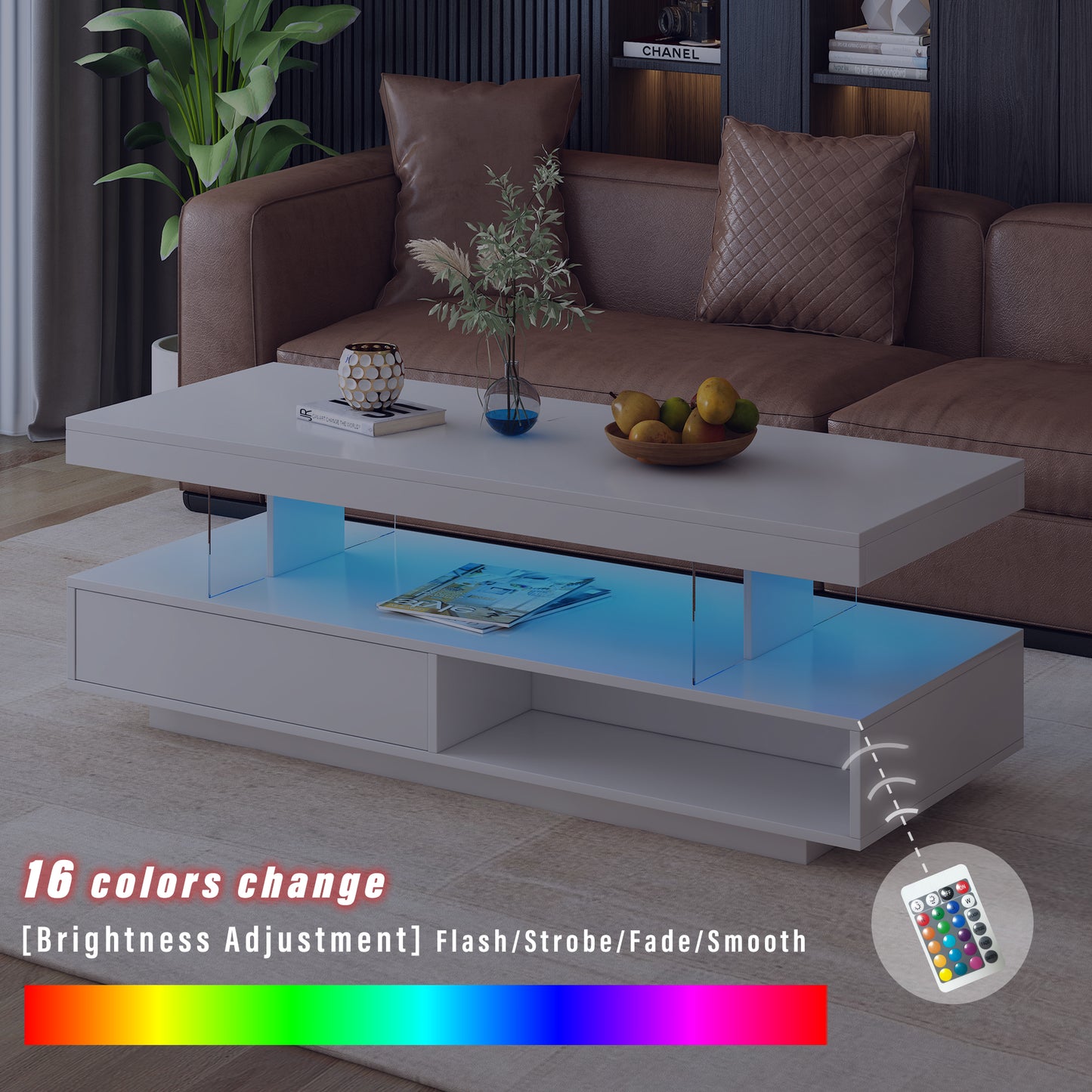 VIBE HAUS LED Coffee Table with Storage, Modern Center Table with 2 Drawers and Display Shelves, Accent Furniture with LED Lights for Living Room,White image 4