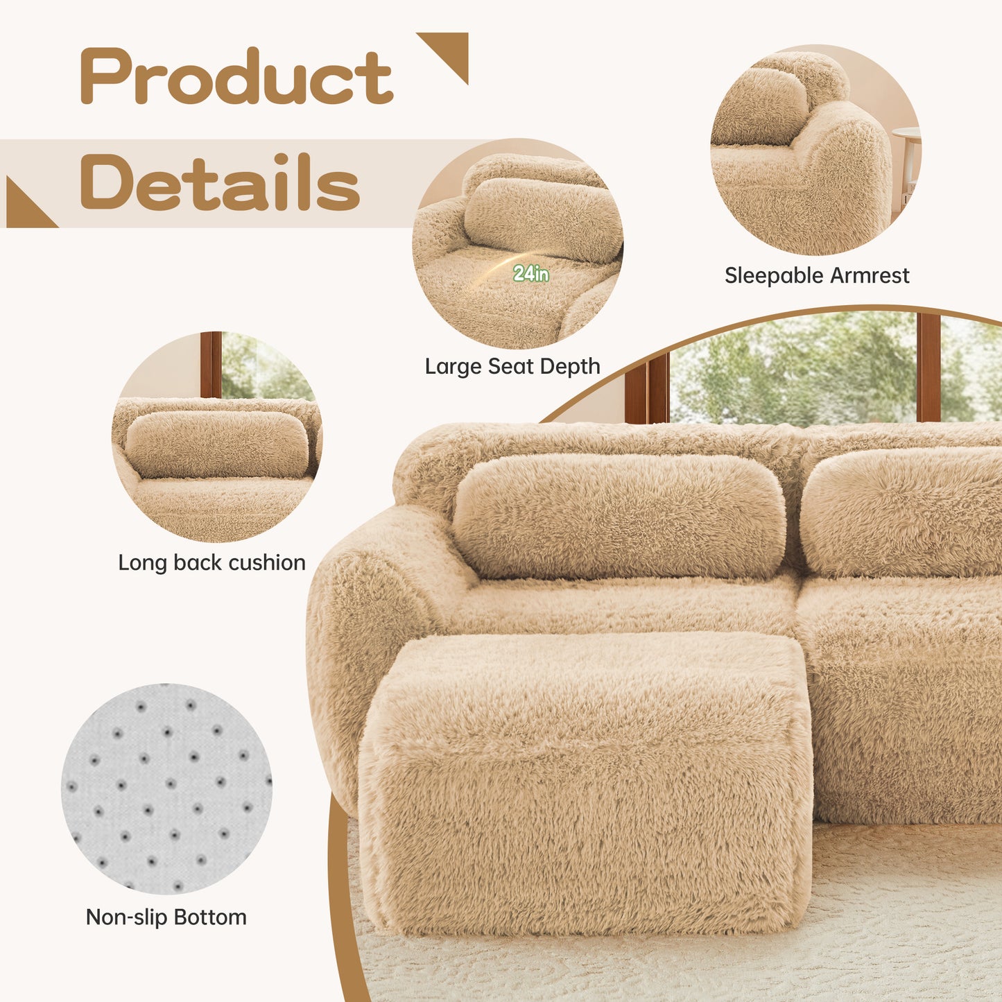 2-seater Modular Sectional Sofa Couches,Soft Fluffy Plush Fabric Bottom Anti-Slip Design,32D High Density Sponge,No Assembly Required Ergonomic Design,With Throw Pillows For Study,Light Khaki image 6