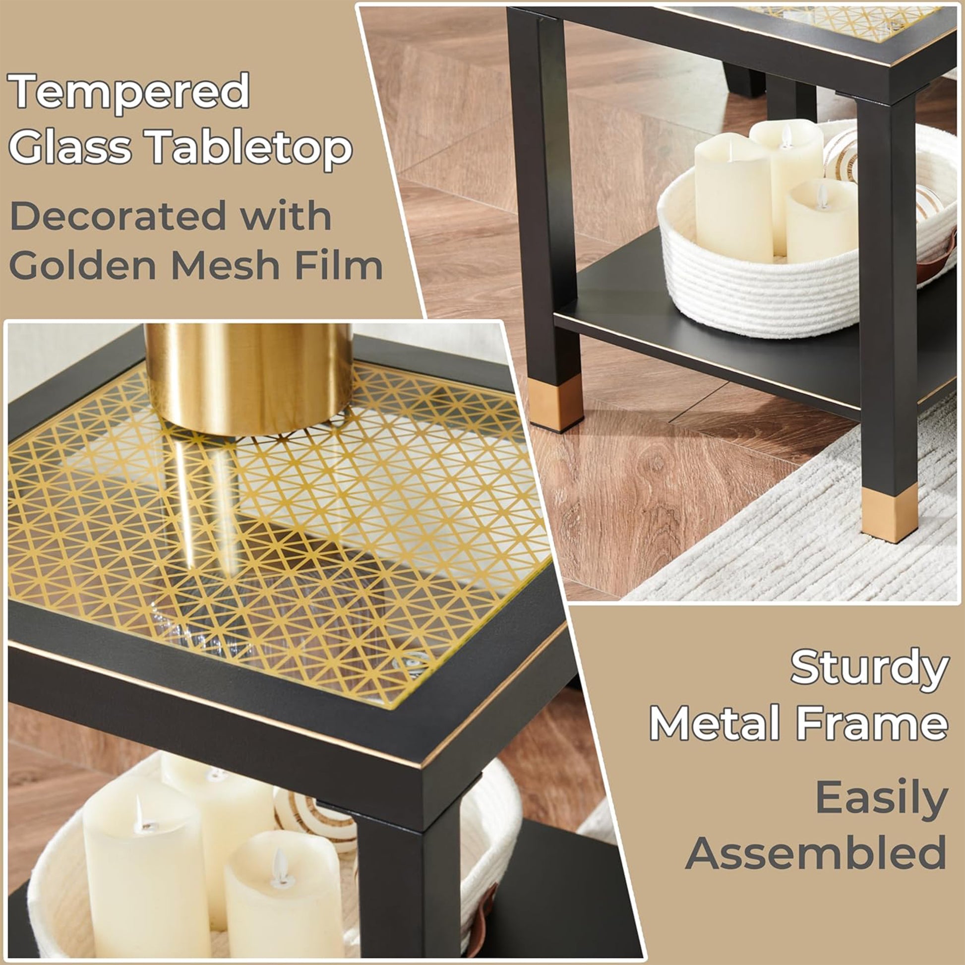 Square Side Table with Shelf, Boho Style Side Table for Living Room, Tempered Glass End Table with Metal Frame, Nightstand for Bedroom, 2-Tier, Black image 7