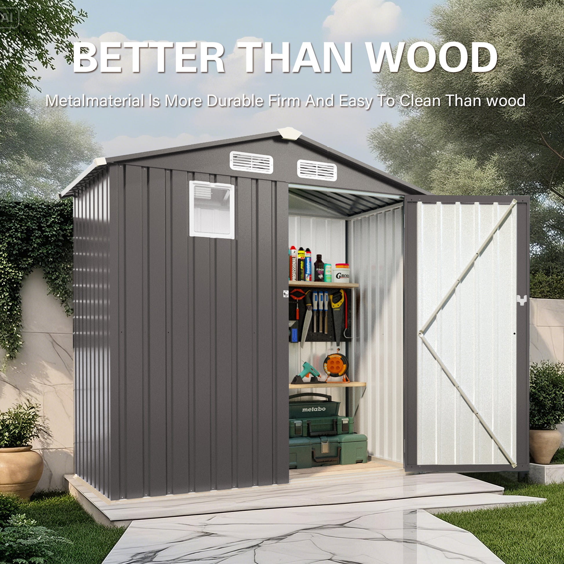 6X 3.6FT Metal Outdoor Storage Shed, Tool Shed with Peaked Roof Watertight with Clear Window and Lockable Door Compact Metal Tool Room for Garden, Backyard, Patio, Sundries and Bike Storage, Gray image 10