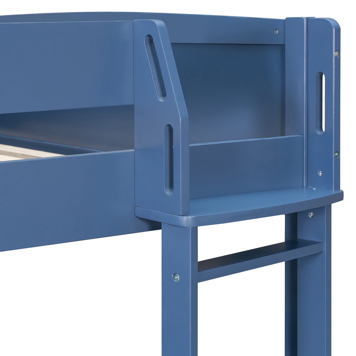 Full Size Wood Loft Bed with Desk, Bedside Storage Shelf, Sofa and Light, Navy Blue image 12