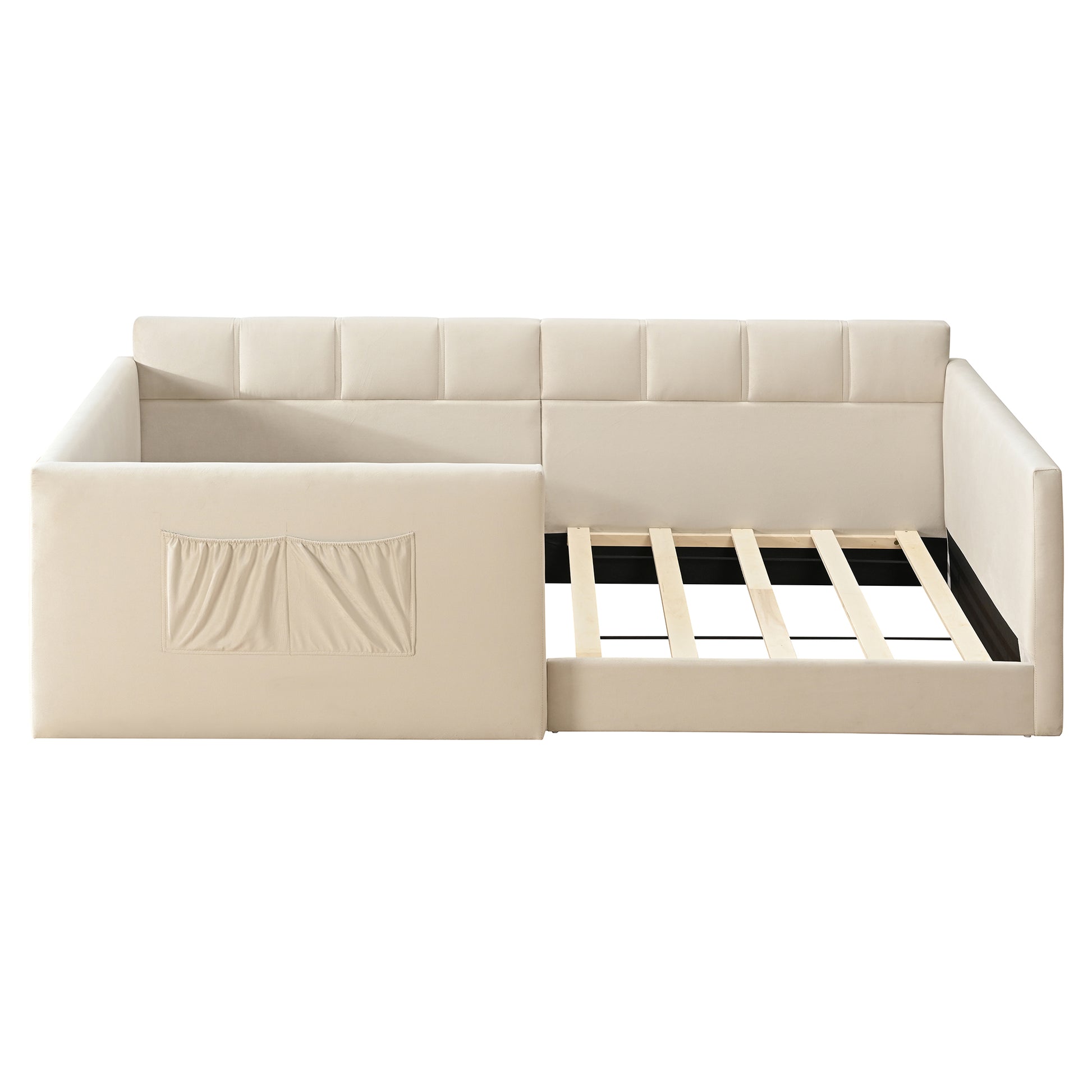 Twin Size Daybed Velvet Upholstered Sofa Bed with High Side Panels and Side Entrance, Space-Saving Guest Bed with Storage Pockets, Beige image 10