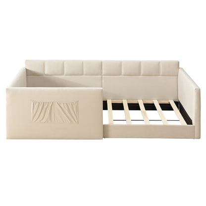 Twin Size Daybed Velvet Upholstered Sofa Bed with High Side Panels and Side Entrance, Space-Saving Guest Bed with Storage Pockets, Beige image 10