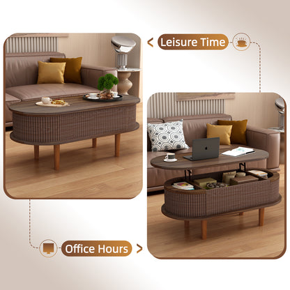 Fluted Lift Top Coffee Table with Hidden Compartment, Wooden Center Table, Modern Oval Lift Tabletop for Home Living Room Office, Walnut Color image 3