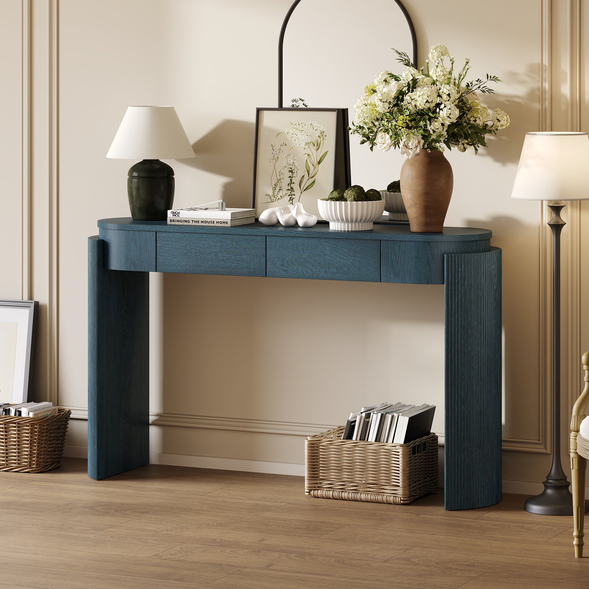 TREXM Entryway Table with Natural Wood Grain Finish, Console Table with Fluted Design, Oval Top and 2 Drawers for Entryway and Living Room (Navy) image 11